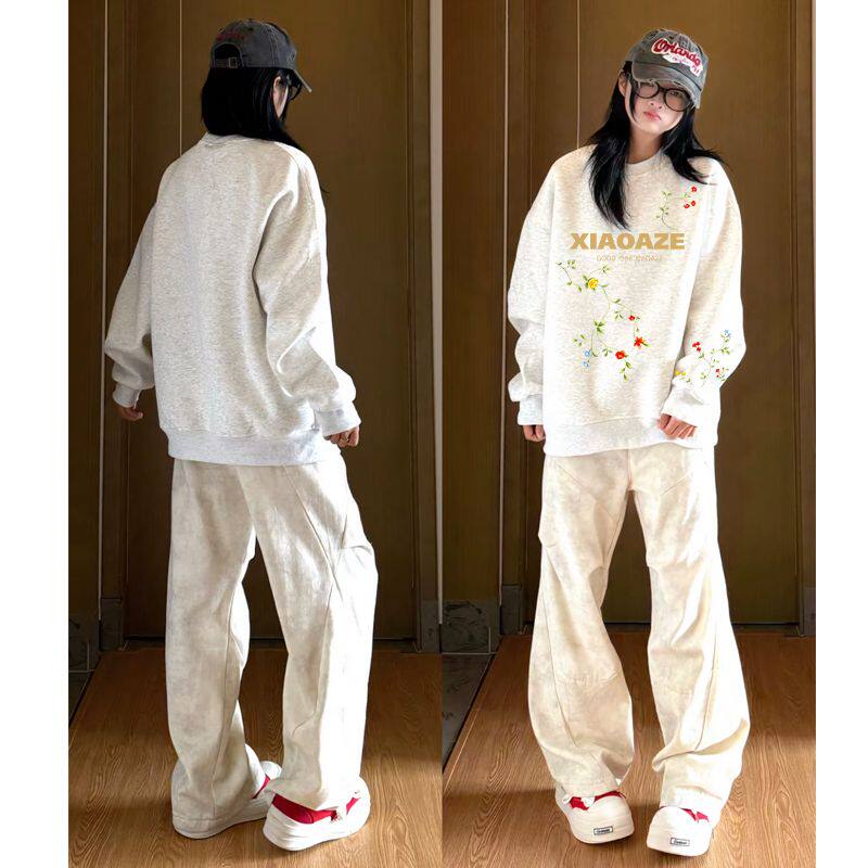 花灰色潮牌美式秋冬季男女情侣圆领卫衣宽松休闲印花加绒加厚上衣