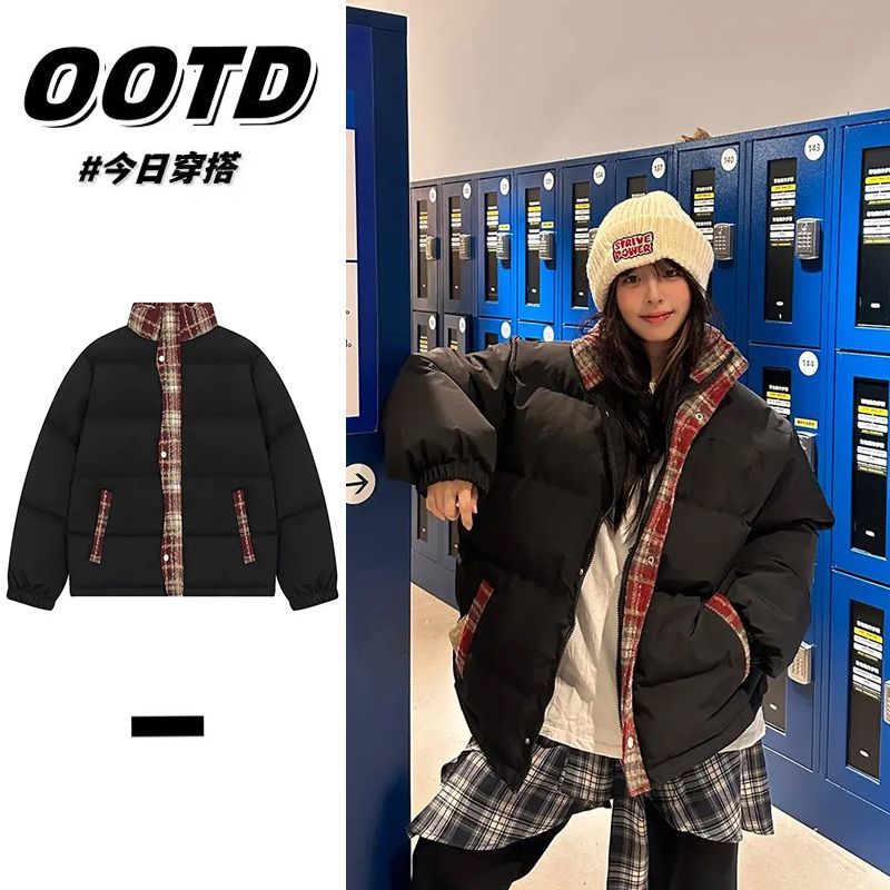 韩版复古格子拼接棉衣棉服男女款冬季加厚保暖立领面包服棉袄外套