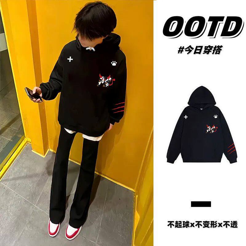 潮牌设计感印花连帽卫衣男女情侣秋冬美式高级感小众加绒加厚帽衫