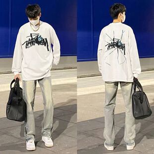 纯棉潮牌美式高街痞帅印花打底衫春秋港风男女情侣带螺口长袖T恤