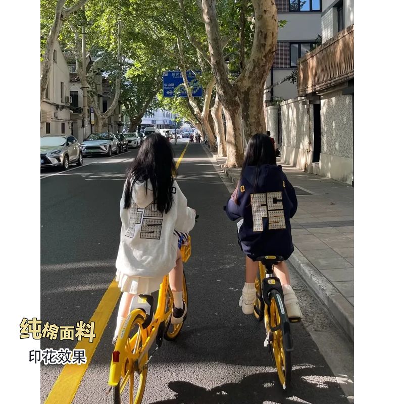 美式复古字母印花连帽卫衣薄款宽松美式慵懒风ins情侣外套男女潮