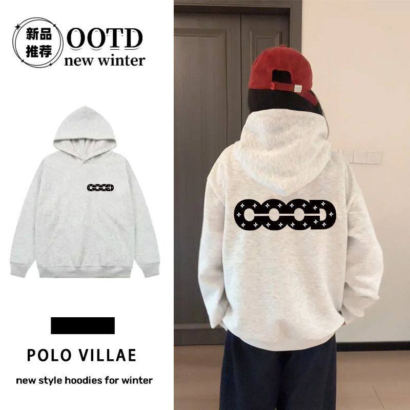 花灰色美式复古重磅加厚连帽卫衣男女情侣秋冬款高街百搭加绒帽衫