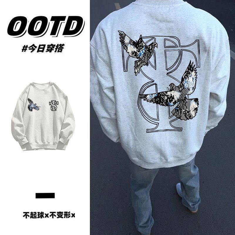 花灰色秋冬原宿风加厚加绒圆领卫衣男女情侣日系印花纯棉无帽上衣