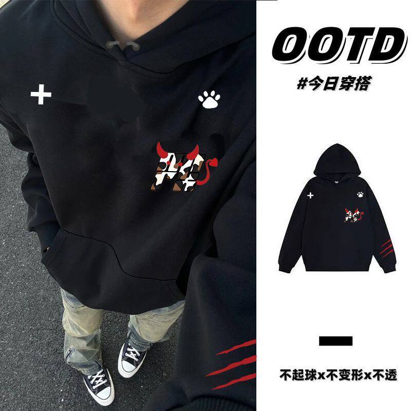 潮牌设计感印花连帽卫衣男女情侣秋冬美式高级感小众加绒加厚帽衫
