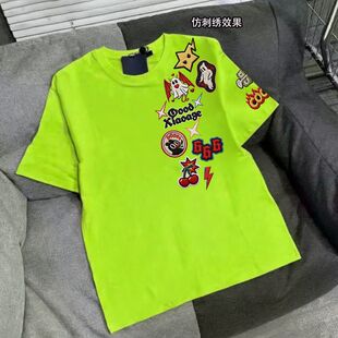 T恤男女情侣潮牌夏季 纯棉上衣 复古高街仿刺绣印花短袖 荧光绿美式