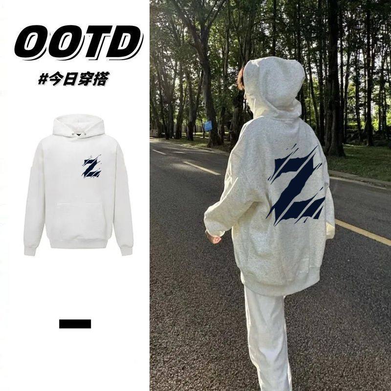 花灰色秋冬男女韩版情侣款加厚帽衫百搭潮牌印花加绒纯棉连帽卫衣