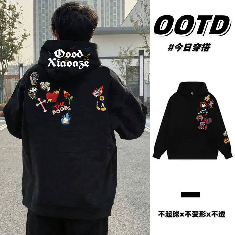 秋冬季美式潮牌设计感印花纯棉连帽卫衣男女情侣韩版加绒加厚帽衫