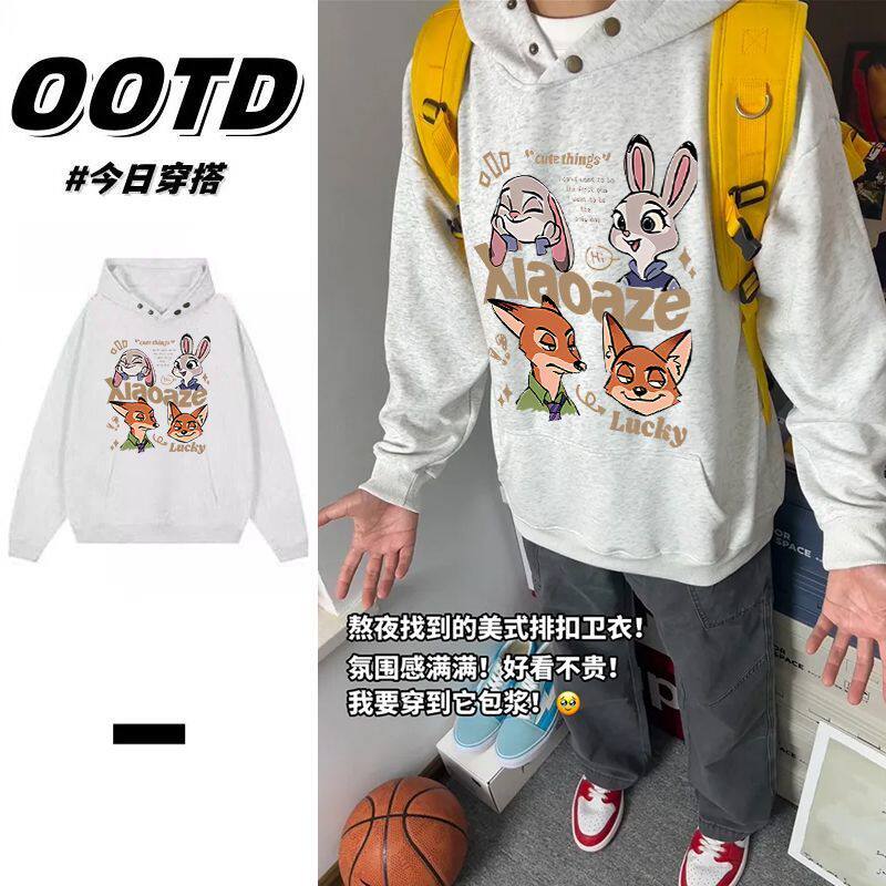 美式复古卡通印花帽衫男女秋冬季潮流学生加绒加厚纽扣款连帽卫衣
