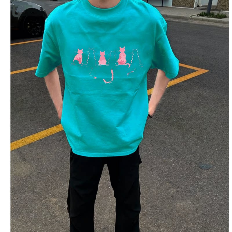 100%纯棉美式复古猫咪印花短袖t恤男女夏季湖绿色宽松慵懒风上衣
