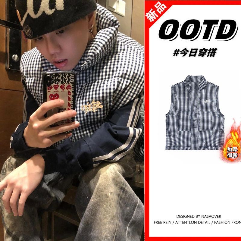 秋冬国潮vibe风情侣款刺绣加厚马甲男女保暖无袖坎肩格子棉衣棉服