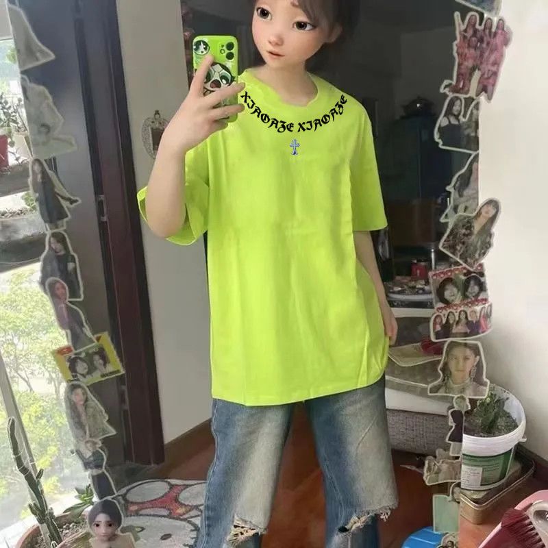 夏季荧光绿纯棉短袖T恤男女情侣装字母印花宽松学生潮牌半袖上衣