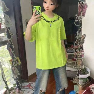 夏季荧光绿纯棉短袖T恤男女情侣装字母印花宽松学生潮牌半袖上衣