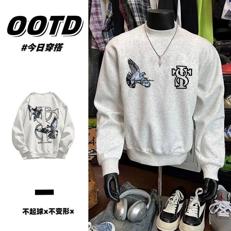 花灰色秋冬原宿风加厚加绒圆领卫衣男女情侣日系印花纯棉无帽上衣