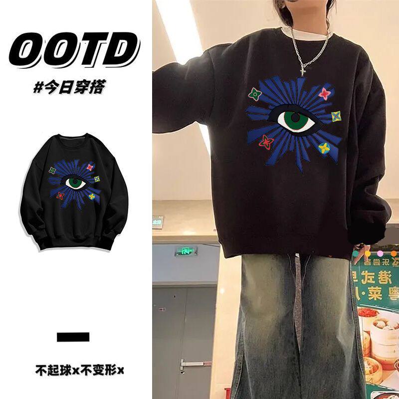 秋冬季新款加绒加厚无帽圆领卫衣男女潮流美式印花宽松情侣款上衣