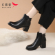 红蜻蜓女靴冬季 粗跟高跟妈妈短靴加绒保暖靴子女真皮牛皮秋冬 新款