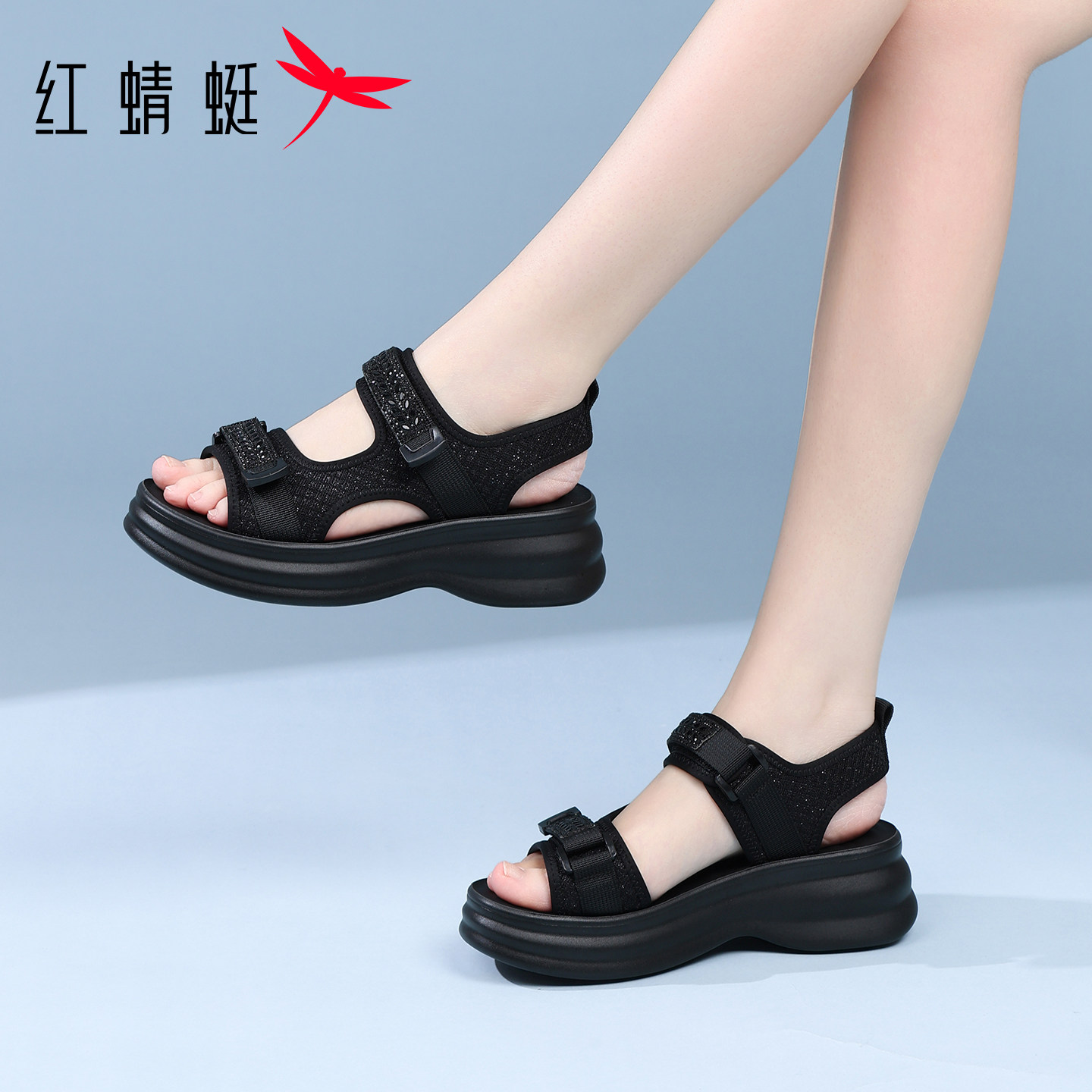 红蜻蜓女士夏季凉鞋飞织舒适增高图片