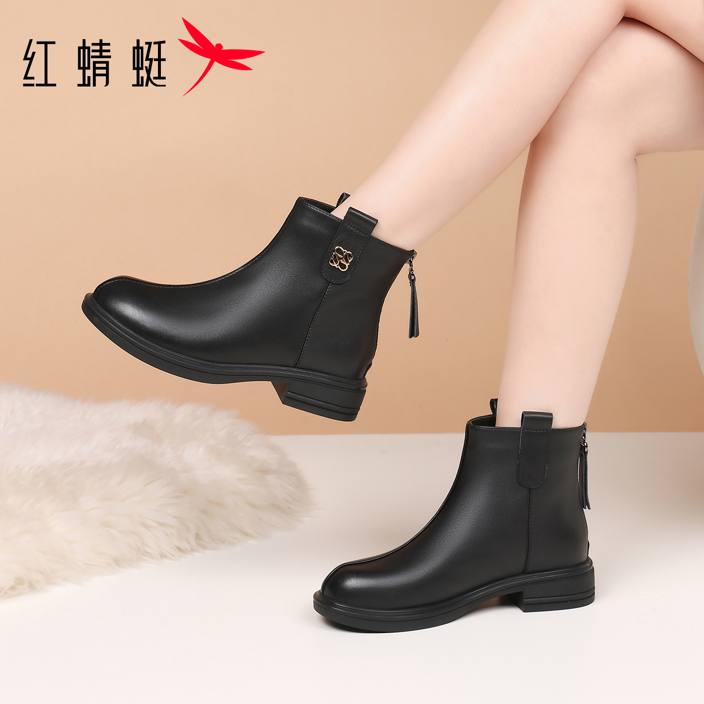 红蜻蜓冬季女鞋女士靴子女中筒短靴秋冬皮靴高帮皮鞋真皮牛皮防水