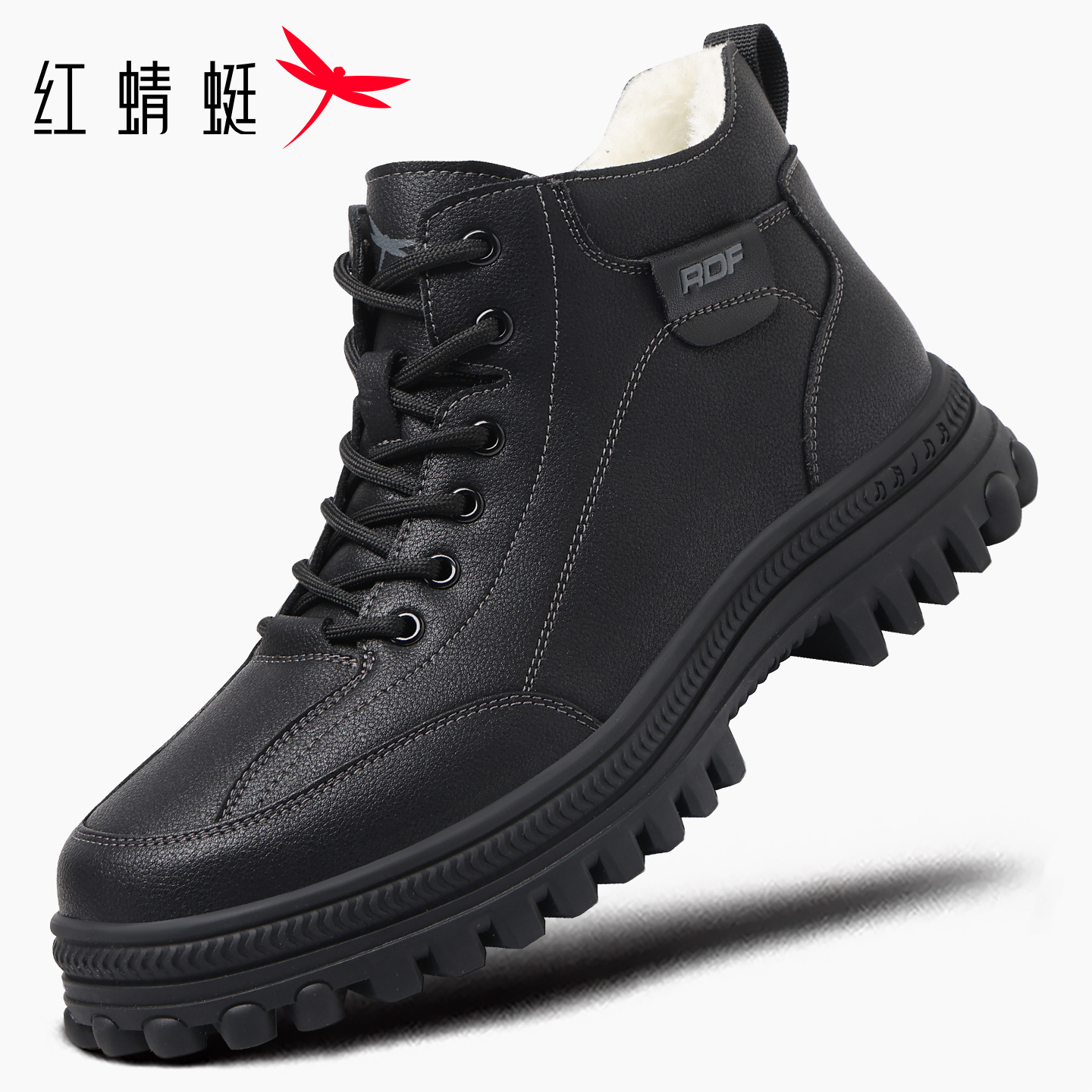 红蜻蜓工装马丁靴男真皮加绒棉鞋