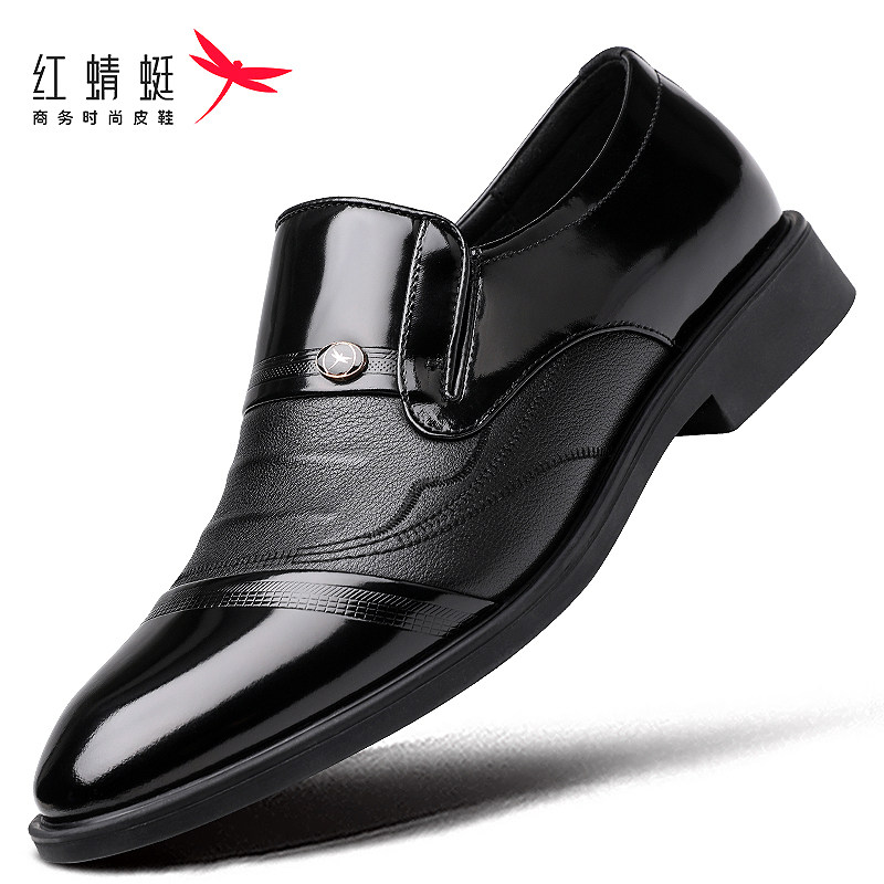红蜻蜓男鞋尖头漆皮男士拼接三接头商务正装一脚蹬皮鞋男真皮牛皮