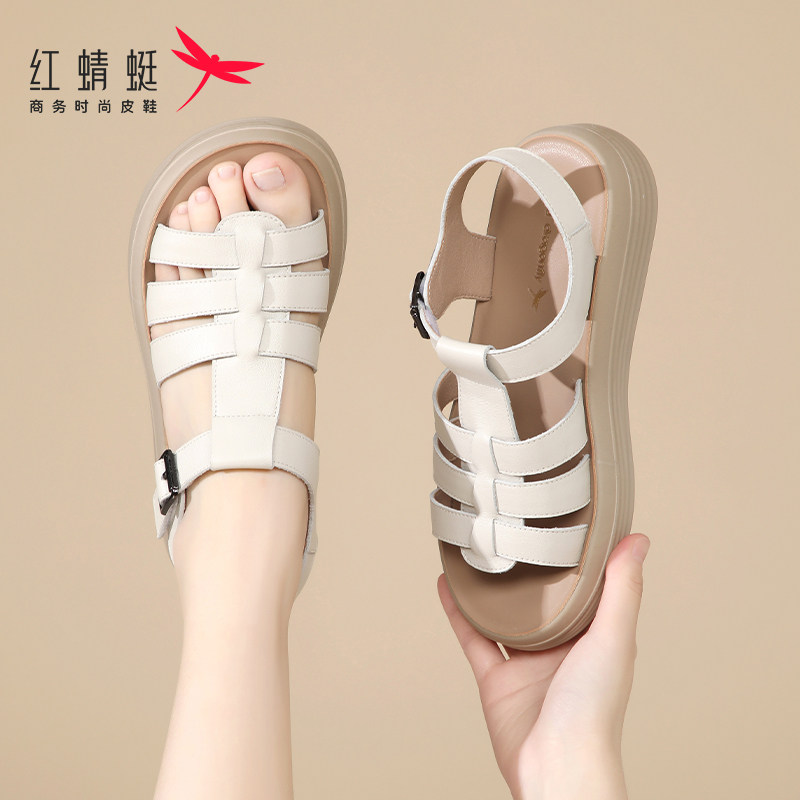 红蜻蜓软底厚底罗马鞋凉鞋女真皮图片