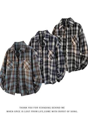 【NO LOGO PLUS】秋季潮流设计感格子翻领长袖衬衫外套男士舒适