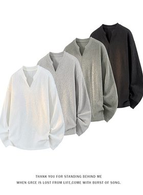 【NO LOGO PLUS】2025V领肌理感时尚百搭大码男士长袖T恤上衣打底