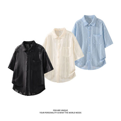【NO LOGO PLUS】mystyle老钱风肌理感翻领镂空男士短袖衬衫透气