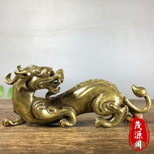 纯黄铜实心螭龙摆件书房办公室桌面镇纸压尺笔架笔搁招财茶宠铜器