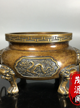 仿古纯铜龙凤香炉狮子头双耳四足鼎熏香炉家用供奉老铜炉摆件收藏