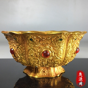 回流乾隆古董鎏金碗镶嵌宝石雕刻花开富贵六边宝石碗招财聚财摆件
