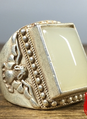 古玩杂项收藏老藏银镶嵌白玉戒指招财纳福指环开口扳指旧货老物件