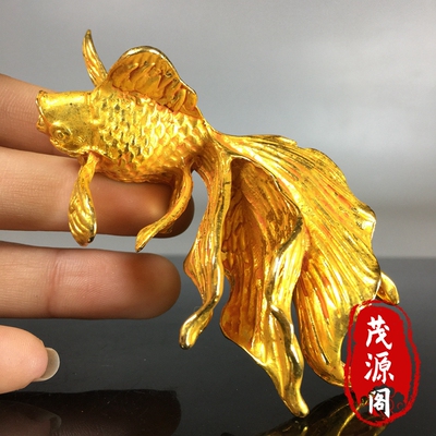 古玩杂项纯铜鎏金小金鱼摆件年年有余鲤鱼茶宠桌面装饰摆件小铜器
