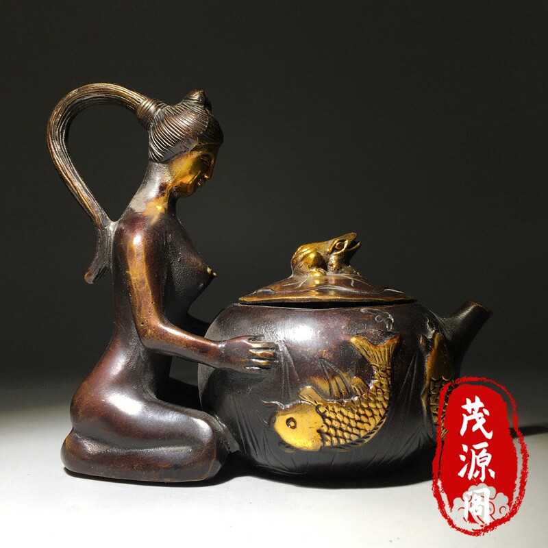 民间回流老货紫铜鎏金年年有余招财茶壶美女铜壶酒壶家居摆件收藏