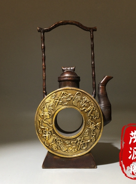 古玩怀旧老物件鎏金浮雕八宝八仙壶提梁酒壶水壶复古老式铜器摆件
