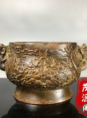 农村收来的老铜香炉纯铜双凤熏香炉大明宣德年制老物件家居摆件