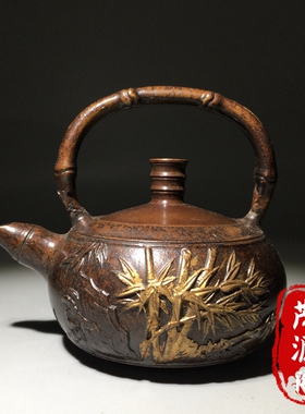 大明宣德制纯铜鎏金竹节茶壶步步高升老铜壶酒壶水壶家居茶道摆件