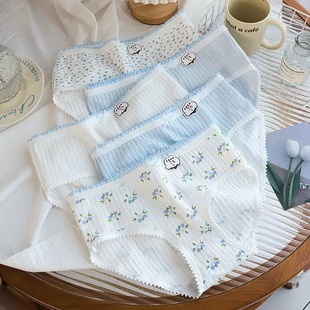 唯亚阁少女印花纯棉高弹力学生吸湿蕾丝边7A抑菌女士学生三角内裤