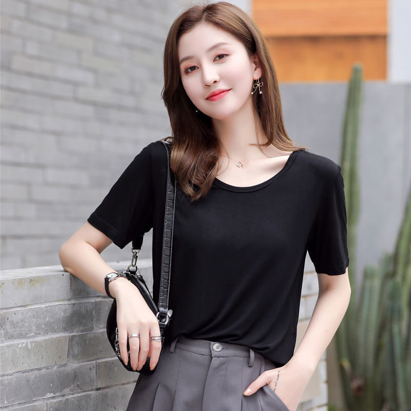冰丝莫代尔短袖面膜t恤女夏天百搭舒适U领纯色黑色上衣大码上衣女