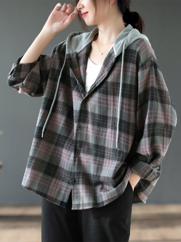 日韩原单大牌折扣女格子衬衫上衣宽松长袖磨毛加绒厚连帽卫衣外套