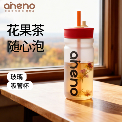 恩尼诺儿童高硼硅玻璃直饮吸管水杯430mL耐高温男女童家用泡茶杯