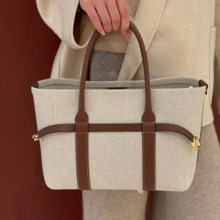 LP同款亚麻拼牛皮托特包大容量通勤百搭真皮手提包女帆布菜篮子包