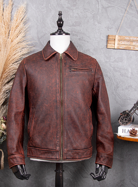 经典1930复古皮衣男头层牛皮1.3mm短款皮夹克商务版翻领纯皮外套