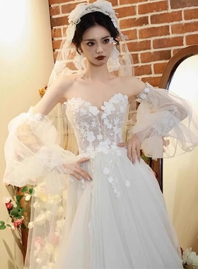 森系轻婚纱超仙梦幻迎宾纱法式抹胸蕾丝公主风新娘出门纱结婚128