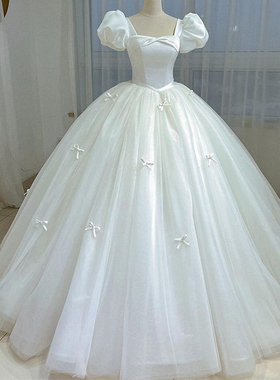 法式轻婚纱2025新款新娘缎面森系迎宾出门纱蝴蝶结齐地蓬蓬裙119