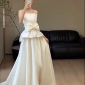 法式 缎面抹胸轻婚纱小个子蝴蝶结轻奢质感订婚礼服旅拍登记裙133