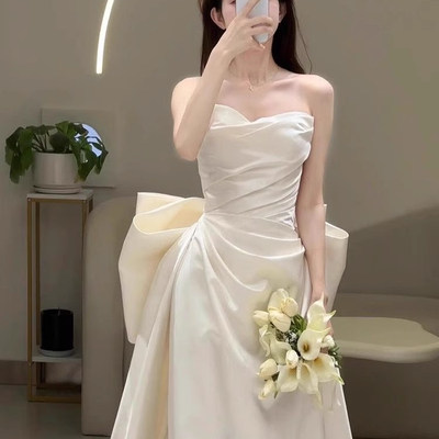 缎面主婚纱订婚出门纱抹胸出鱼尾