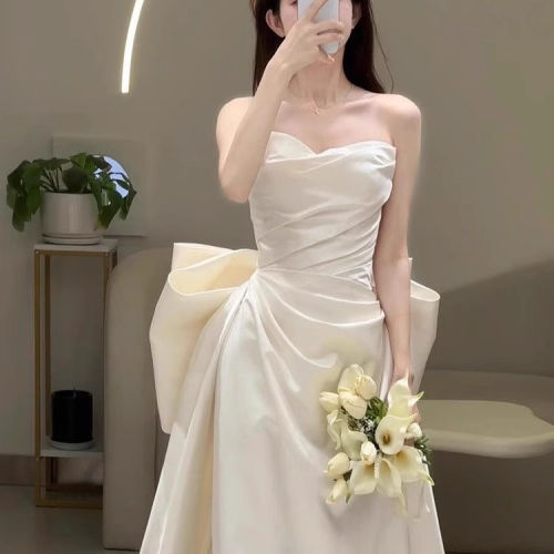 缎面主婚纱订婚出门纱抹胸出鱼尾