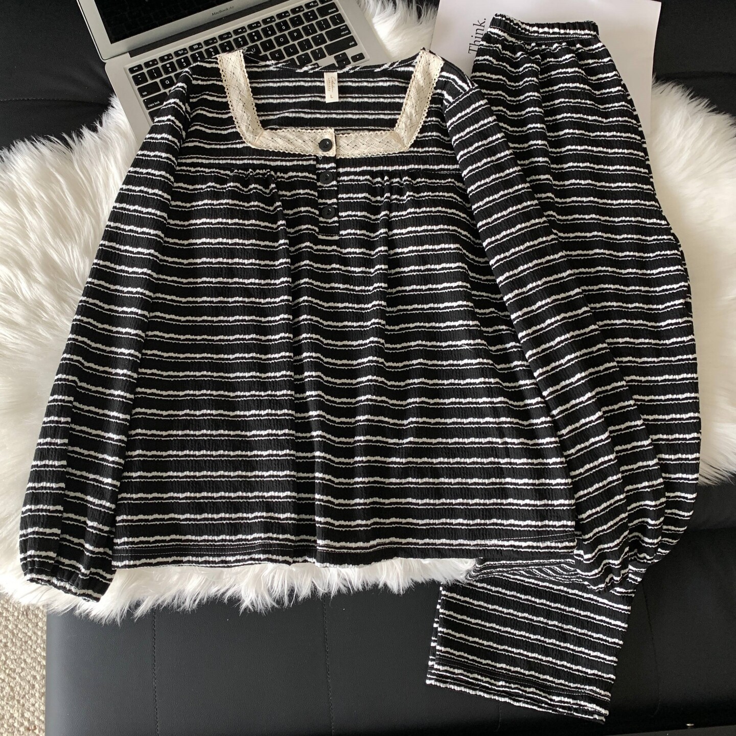 色织条睡衣女春秋冬季高级感蕾丝花边长袖长裤套装新款家居服条纹