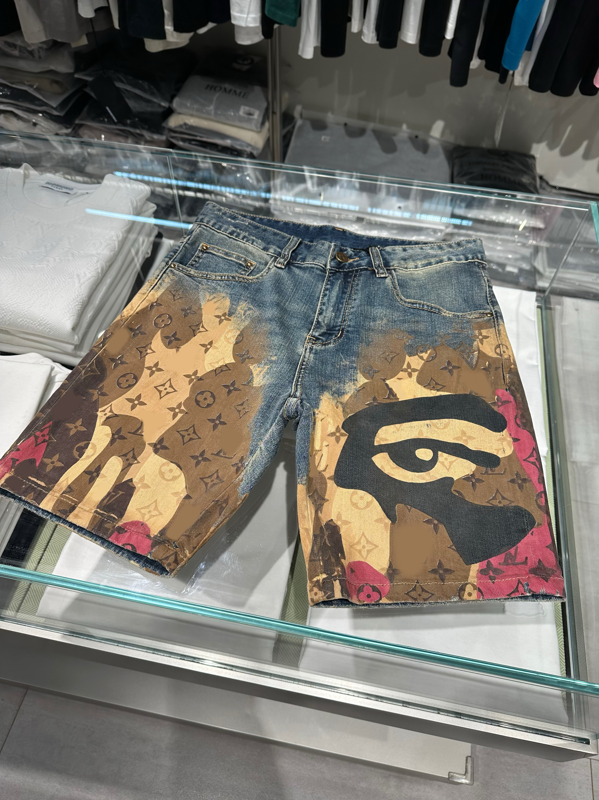 欧货潮牌恶魔之眼牛仔短裤男夏季新款潮流印花五分裤弹力宽松短裤