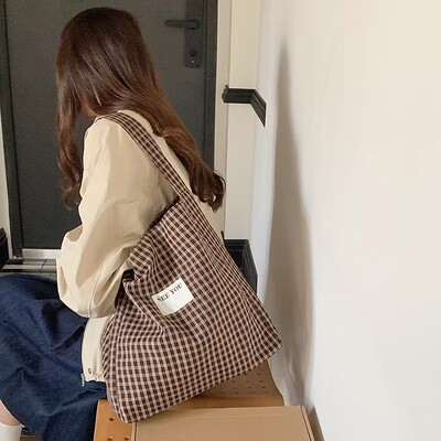 2026新款日系格子帆布大容量包